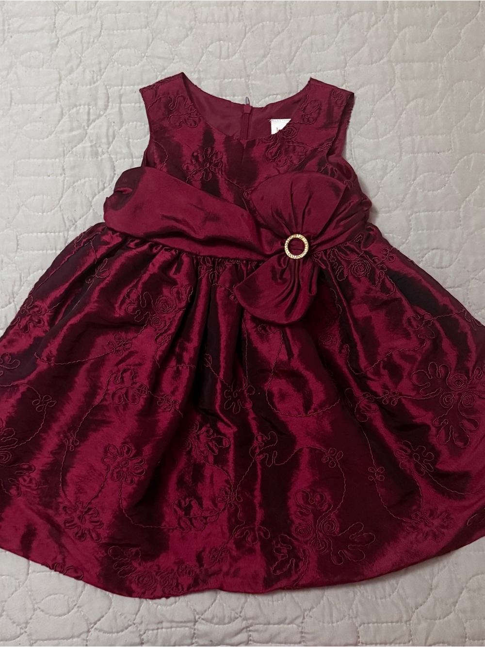 Girls' Burgundy Floral Satin Party Dress with Bow Accent